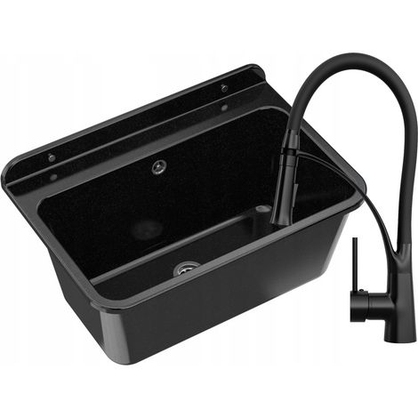 Évier utilitaire LARGE noir pour buanderie, garage, chaufferie avec mitigeur NEXO noir et siphon avec sortie supplémentaire pour lave-linge ou lave-vaisselle. (1/4)