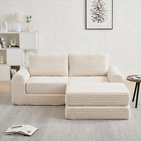 Canapé Modulaire 2 Places en Velours Côtelé – Accoudoirs Courbes Design, Convertible avec Pouf Amovible et 2 Coussins – Configuration Flexible, Beige (1/5)