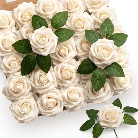 50 Fleurs artificielles, Roses en mousse crème, Tige 20cm, DIY Bouquets, Décoration mariage, Fête des mères (1/5)