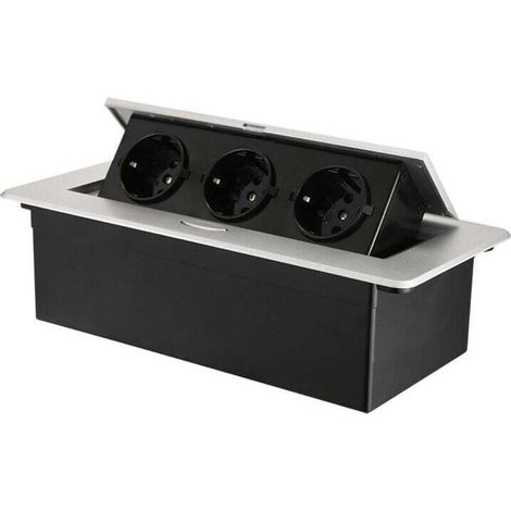 Retractable recessed socket with 3 sockets for worktops, tables or floors, ideal for kitchens and offices space optimization.