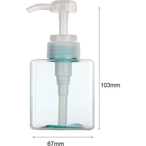 Flacon carré transparent (bleu - 250 ml) pour savon liquide, mousse fouettée, shampoing, lotion, gel douche, distributeur de savon. (1/5)