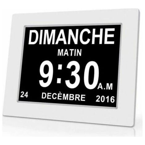Horloge numérique 7 pouces avec date et heure – Affichage clair pour Alzheimer – Plastique blanc – 204 x 143 x 24 mm – Rappel de médicaments