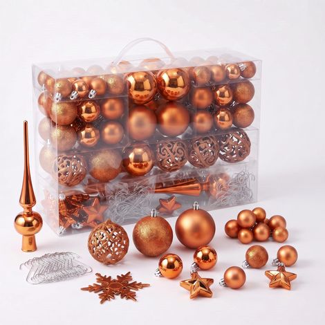 Kunststoff Christbaumkugel Set 111-teilig bruchsicher - kupfer - Design Weihnachtskugeln inklusive Metall Haken