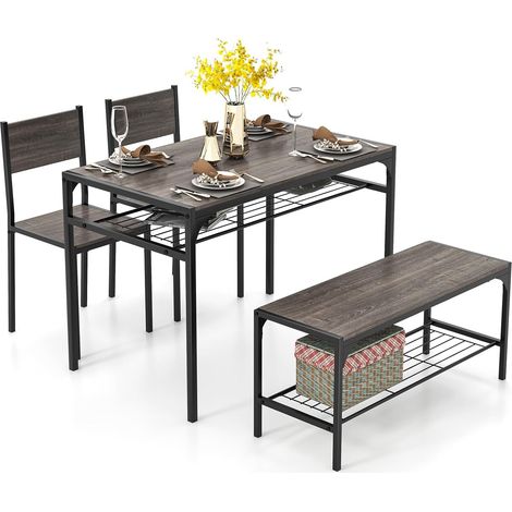 COSTWAY Ensemble Table et Chaise pour 4 Personnes, Table Cuisine avec Chaise et Banc, Table à Manger 110 x 65 cm avec Étagère, Cadre en Métal, pour Salle à Manger, Restaurant, Café, Cuisine(Gris) (1/5)