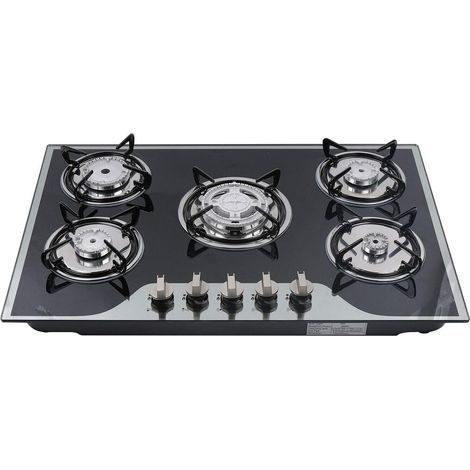 Cocina a gas, 5 quemadores de acero inoxidable, Quemador integrado, Negro, 30.5", Para gas GLP