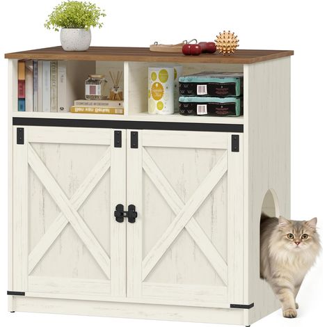 Maison de Toilette Chat, 80 x 48 x 80 cm, Meuble Litiere Chat avec Fonction de Rangement, Pouvant Également Servir de Table D'appoint pour Meuble TV, Marron Rustique et Blanc (1/5)