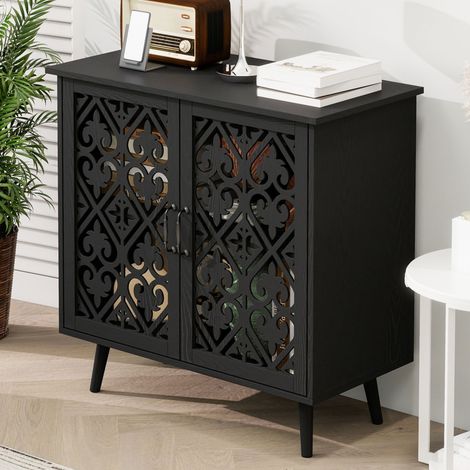 Buffet 2 portes avec découpes décoratives, pieds en bois massif, étagères réglables, finition noire peinte à la main, pour salon ou salle à manger (1/4)