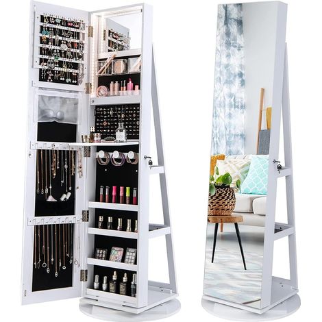 COSTWAY Schmuckschrank 360°drehbar, freistehender Spiegelschrank abschließbar mit dreifarbigen LED-Leuchten & Ganzkörperspiegel, Schmuck-Organizer Schmuckaufbewahrung mit Schlüsseln (1/5)