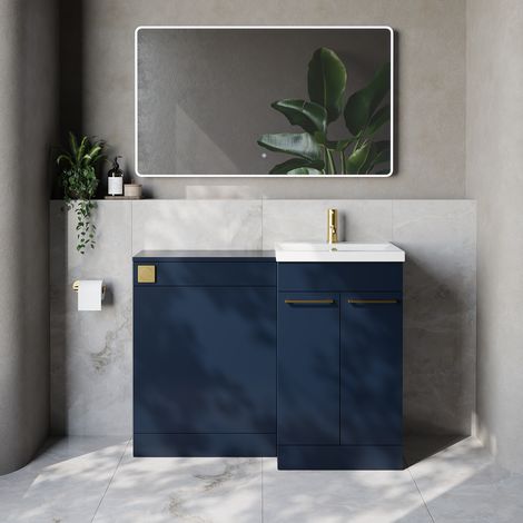 Napoli 390 Cento Deep Blue 1100mm 2 Door Vanity Unit Toilet Suite with Glide Basin - 1100mm - Brushed Brass 160mm HandleWithout Kingston Toilet Pan