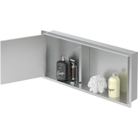 LuxeBath Wandnische Dusche Edelstahl gebürstet mit befliesbarer Tür, 25,5x55,5x10 cm, Silber, Eingebettete Duschnische wasserdicht, Einbaunische Duschablage randlos, Doppelregal, Badezimmer Lagerung