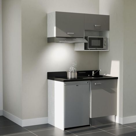 Kitchenette K02L - 120 cm - plan monobloc évier intégré Nero- évier à droite - Façades Gris + Electroménager inclus coloris Inox (1/5)