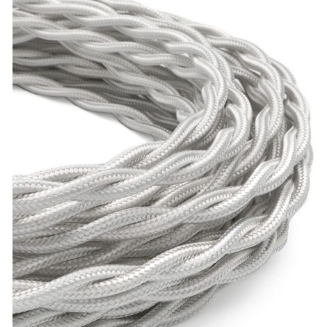 Câble électrique textile couleur BLANC, torsadé, soie, 5 mètres, à 2 brins 2x0,75 - Fil vintage en tissu coloré, pour lampes, lustres, appliques et abat-jours. (1/5)