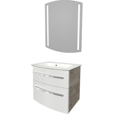 Fackelmann B.STYLE Badmöbel Set – Waschbecken mit Unterschrank und LED-Spiegel – Waschbeckenunterschrank 60 cm hängend breit in Weiß mit Eiche Natur Holz braun – Badspiegel mit Beleuchtung"-"90175145 (1/5)
