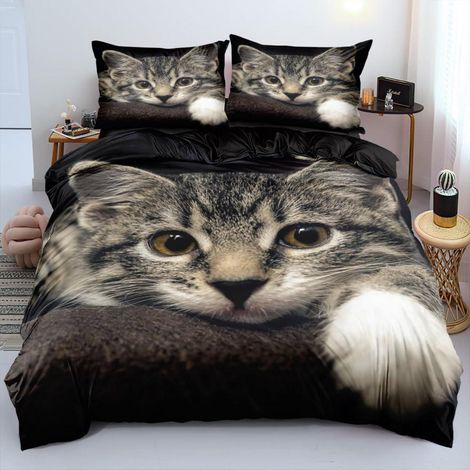 Bettwäsche-Set 220x240cm mit 2 Kissenbezügen 80x80cm, Mikrofaser, 3D Katze Schwarz