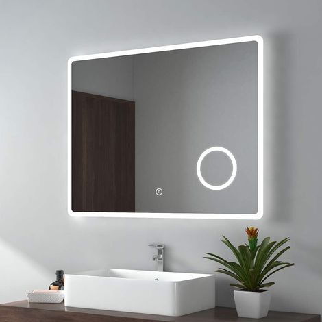EMKE Bathroom Mirror with Shaver Socket Backlit LED Illuminated Bathroom Mirror with Demister, 3X Magnify Makeup Touch Mirror, 900x700mm