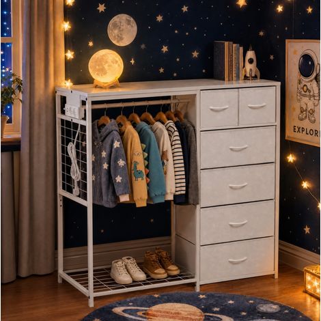 Armoire enfant multifonction blanche avec 6 tiroirs, barre de vêtements et prise intégrée (1/5)