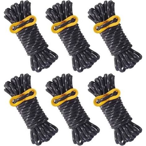 6 Pièces Corde de Tente Réfléchissante Corde Tente Camping 4 m X 5 mm Corde de Tente Noire avec Tendeur Réglable pour Les Tentes d'auvent de Camping en Plein Air (1/5)