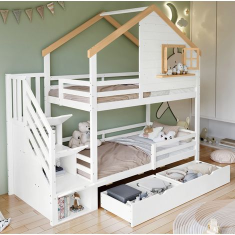 Letto a castello a casetta 90x200 cm in legno massello e MDF bianco+naturale con scala contenitore e 2 cassetti (1/5)