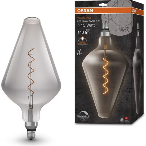 OSRAM Lampada LED Vintage 1906 vetro fumé, 4W, 140lm, forma a cono con diametro 193mm e attacco E27, luce bianca calda, filamento dimmerabile, durata fino a 15.000 ore (1/5)