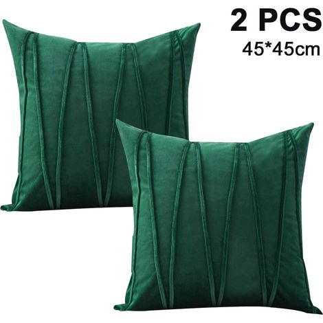 Lot de 2 housses de coussin décoratives en velours rayé, douces et unies, carrées (45 x 45 cm), vert foncé, pour lit, canapé, voiture ou salon. (1/5)