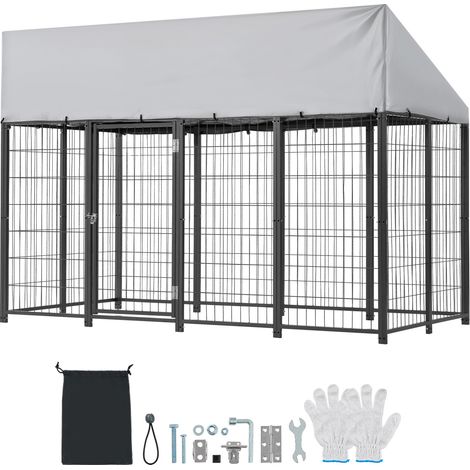 Mophorn Chenil extérieur 2,4x1,2x1,65 m avec toit, enclos robuste pour chiens de grande taille, équipé d'une bâche PE résistante aux UV et imperméable, avec porte sécurisée. (1/5)