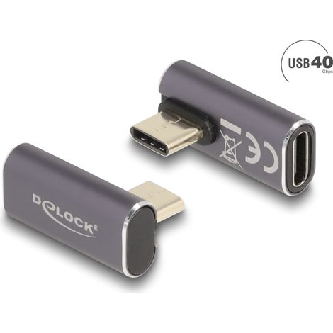 Delock USB Adaptador 40 Gbps USB Type-Câ¢ PD 3.0 100 W macho a puerto hembra girado sesgado hacia la izquierda y hacia la derecha 8K 60 Hz metal