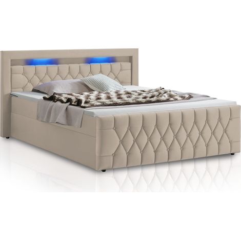 Letto a molle Leona - Velluto 140 cm Beige Struttura letto con materasso a molle, topper e illuminazione LED