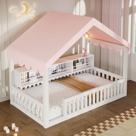 Lit cabine 90x200cm - maison + led + étagère + sécurité - bois - blanc (1/5)