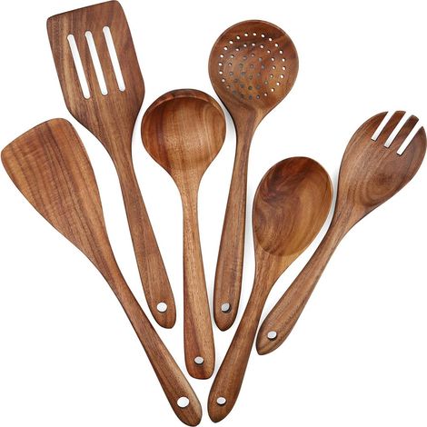 Ustensile De Cuisine En Bois - 6 Pièces - Spatule Plate - Fourchette À Salade - Cuillère À Soupe - Cuillère À Égoutter - Spatule Fendue - Compatible Antiadhésif (1/5)
