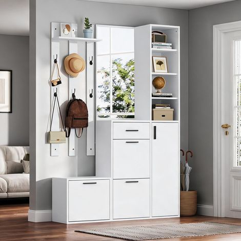 Meuble d'entrée blanc avec porte-manteau miroir et rangement (1/5)
