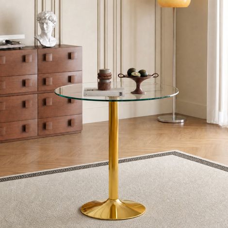 Mesa alta redonda de vidrio templado Ø89 cm, base de metal dorado, transparente y dorada DESVIAE (1/5)