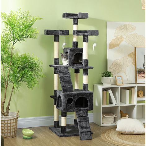 Tiragraffi XXL multilivello con 2 cucce, 2 scale e giochi pensili 49x49x173 cm grigio DESVIAE (1/5)