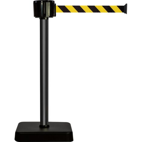 Poteau alu noir à sangle grande longueur hachurée jaune/noir 12m x 50mm sur socle mobile - 2810104 (1/2)