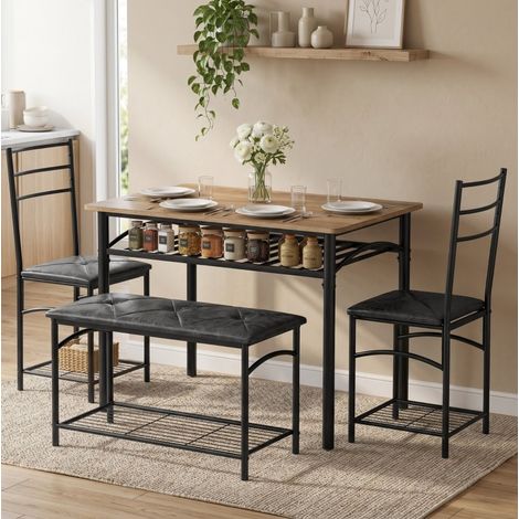 Ensemble table de salle à manger 100x60 cm 4 places avec banc et 2 chaises, rangement, style industriel métal noir (1/5)