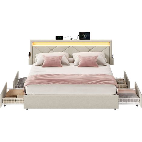 Vasagle – Lit double 140 x 190 cm – Tête de lit rembourrée ajustable – 4 tiroirs de rangement – Multiprise USB – Structure métal avec éclairage LED