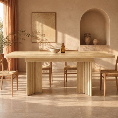 Mesa extensible de comedor 120-160 x 80 cm con patas en V acanaladas, acabado madera OKMYHOME (1/5)