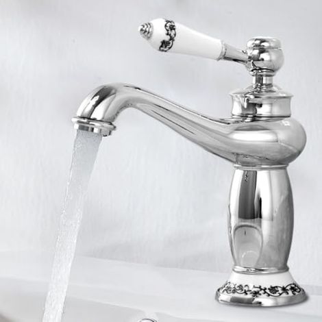 Robinet de salle de bain rétro en laiton, mitigeur de lavabo à levier unique avec col à motif floral vintage, réglable eau chaude et froide, adapté pour toilette et cuisine（Argenté）