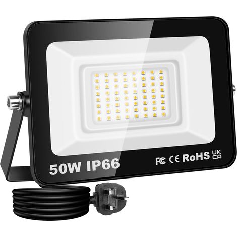 50W Projecteur LED Exterieur, 5000LM 4000K Blanc Chaud Spot LED avec EU Prise, Eclairage Mural pour Jardin, Patio, Garage, Entrée (1/5)