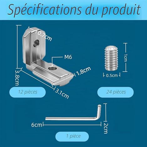connecteurs d'angle pour profilé aluminium 40x40 profile alu à rainure en T 90° série 40 avec vis M6 et clé Allen (1/3)