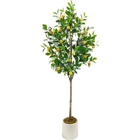Künstliche Pflanze Deko Zitronenbaum, 180cm Plastik Pflanze im Topf Weiß, Kunstpflanzen wie echt, Zimmerpflanzen Künstlich mit Zitronenzweig und Zitrone Früchte für Home Decor Wohnzimmer Küche Büro (1/5)