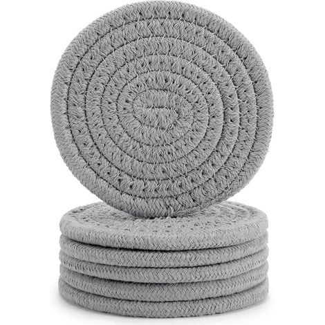 Bardusch-Lot de 6 sous-verres avec support, sous-verres tissés vintage pour table basse, sous-verres absorbants, sous-verres en tissu tressé faits main, cadeaux de décoration intérieure - 11 cm (gris) (1/5)