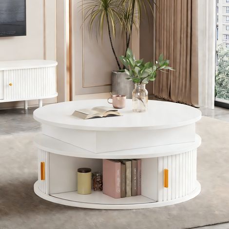 Tavolino rotondo 75x75x52 cm, regolabile in altezza, con illuminazione LED, contenitore integrato, MDF bianco (1/5)