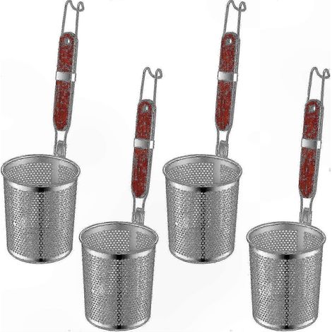 Lot de 4 paniers à pâtes en acier inoxydable avec poignée en bois, passoire araignée de cuisine pour blanchir les nouilles et les raviolis. (1/5)