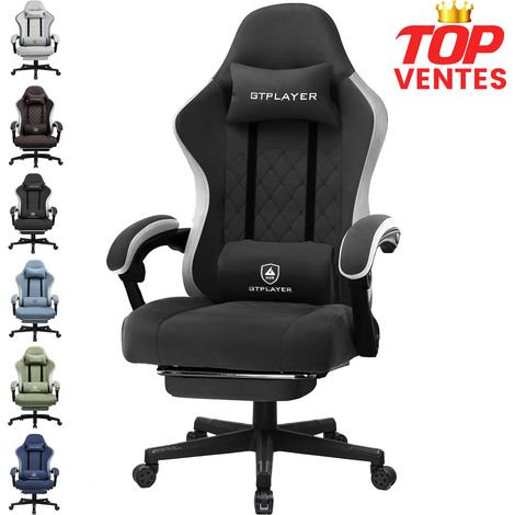 GTPLAYER Chaise de gaming ergonomique avec surface en tissu, coussin de siège à ressort, accoudoirs de connexion et repose-pieds,Noir
