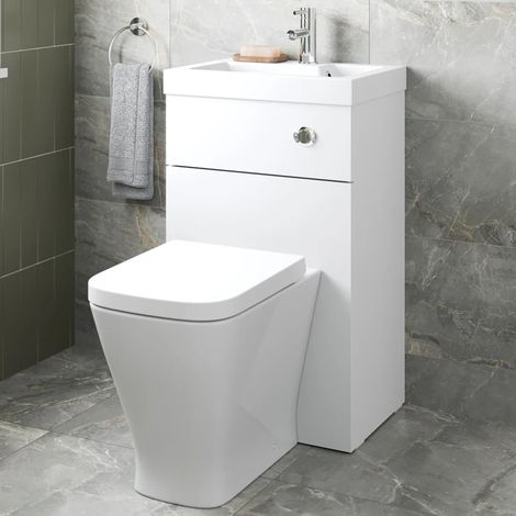 2 in 1 Back to Wall BTW Toilet Basin Combi Unit 500mm Bathroom White Gloss (1/5)