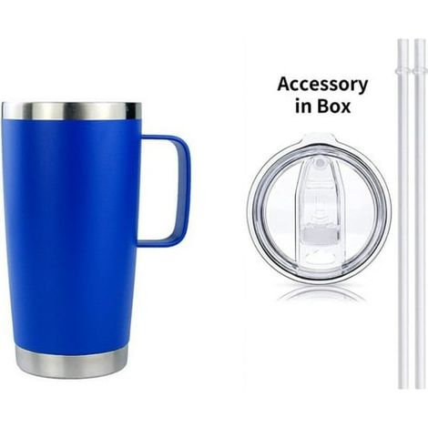 Gobelet isotherme 20 oz avec couvercle et paille, tasse de voyage isolée avec poignée, double paroi en acier inoxydable, verre thermique à café, bleu (1/5)