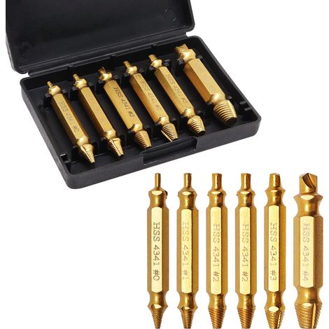 Juego de 6 extractores de tornillos rotos con revestimiento de titanio, broca para tornillos de rosca izquierda para metal, elimina tornillos dañados. (1/5)