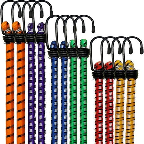 Cordes élastiques avec crochets (lot de 12) ultra-résistantes [ ] Cordes élastiques tressées doubles résistantes aux UV pour la fixation de bâches, bagages et tentes (1/5)