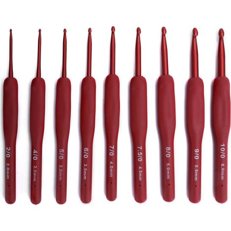 UlisemEnsemble d'outils à tricoter crochet TPR silicone crochet en aluminium poignée rouge crochet en aluminium recouvert de caoutchouc ensemble complet de 9 sacs PE (1/4)