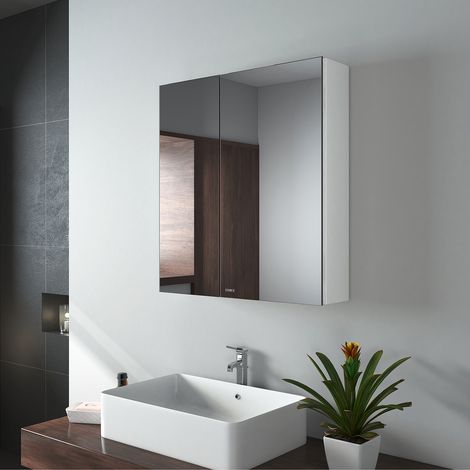 EMKE Spiegelschrank mit Spiegel unsichtbarer Griff Wandspiegel mit Badschrankmit höhenverstellbarem badezimmerschrank Laminat (Weiß, 60x65cm)